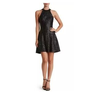 Dress The Population Annie Black Sequined Halter A-Line Mini Dress Size Small